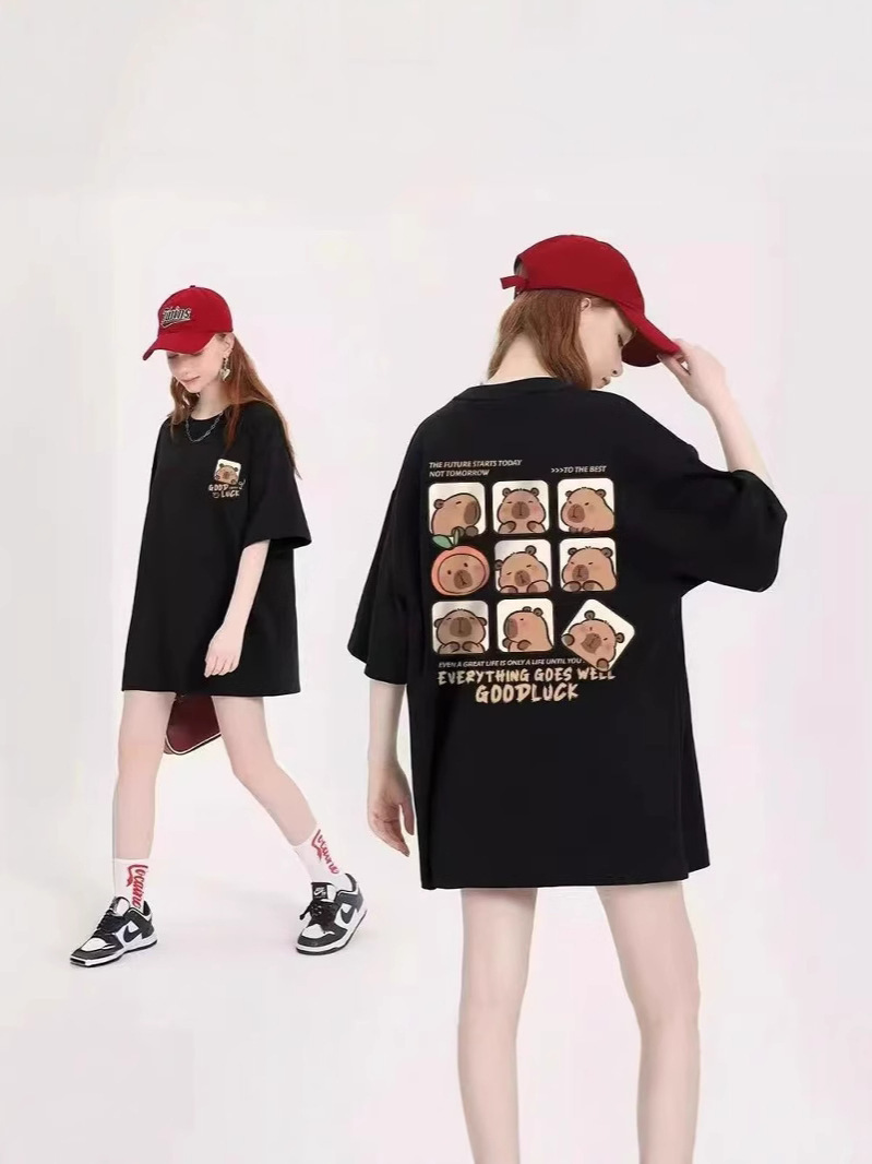 2025 New Summer Loose Women's Cartoon Print Rest Slim Round Neck Top Women's T-Shirt Isn Cross-Border K-Style