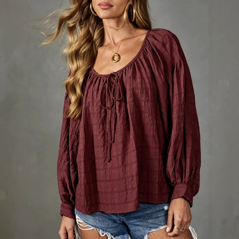 2026 Autumn New European and American Artistic Retro Loose Long-Sleeve T-Shirt for Women, Solid Color Drawstring Crew Neck Top, Elegant and Stylish 2026 Autumn New European and American Artistic Retro Loose Long-Sleeve T-Shirt for Women, Solid Color Drawstring Crew Neck Top, Elegant and Stylish