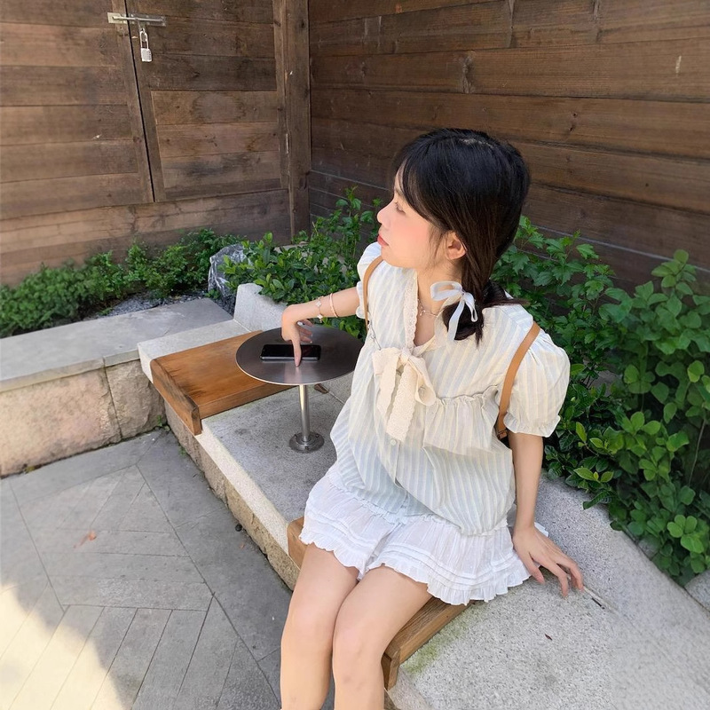 リボンシックなレースパフスリーブストライプシャツ女性のための夏の 2025 新しいカジュアル甘い優しいスタイルトップ|undefined