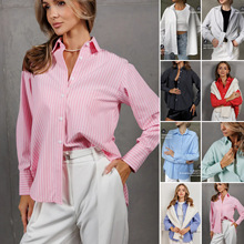 欧美外贸女装2025新款宽松大码条纹女装衬衣工作衬衣休闲长袖衬衣