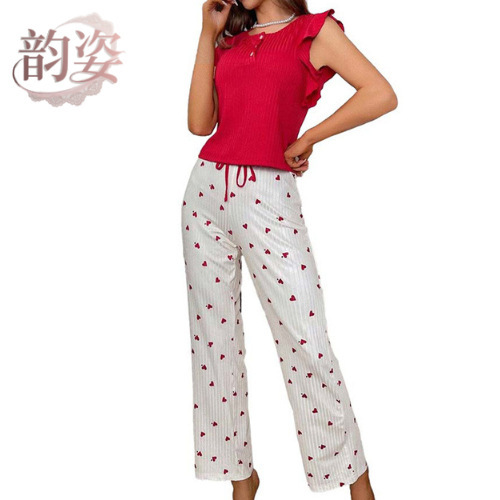 Cross-Border Hot-Selling Ruffled Women's Summer Casual Sleeveless Ribbed Top and Long Pants Loungewear Sexy Pajama Set Wholesale