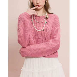 3彩2025秋冬季新款绞花针织衫圆领宽松毛衫外套短款开衫上衣女