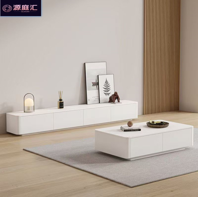 Solid Wood Tv Cabinet with Slate Top, Floor-Standing Cabinet in Gray and White Lacquer, Simple and Elegant, Light Luxury, Practical, Small Apartment Floor Cabinet