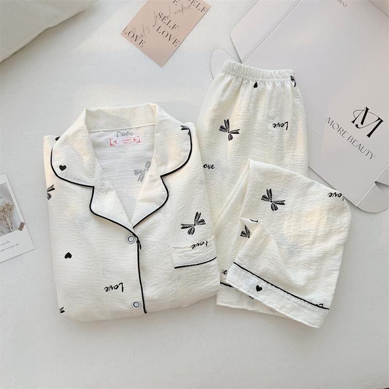 Cute Bear Pajamas Women's Spring and Autumn New Cloud Cotton Striped Casual Cardigan Long Sleeve Trousers Home Clothes Set