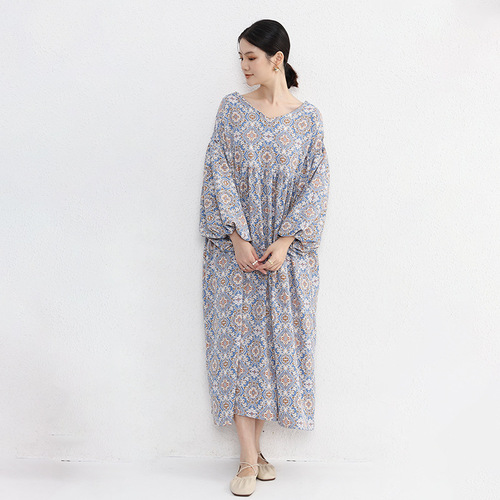 Japanese-style long-sleeved women's spring and autumn loose-fitting slimming plus-size home dress casual round neck outerwear long dress