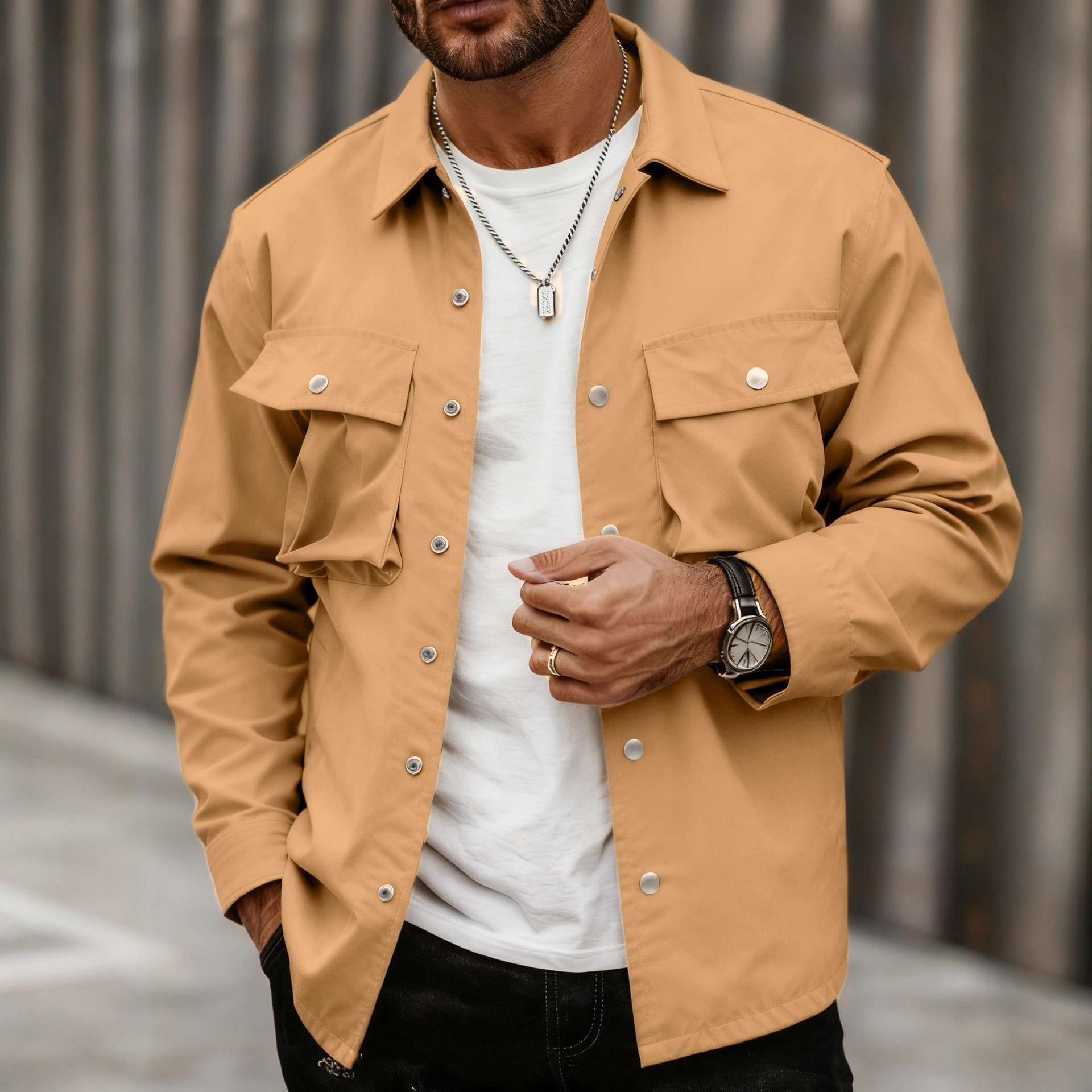 Monochrome Man- Euroean And American Sring/Autumn Cross-Border Men's Casual Fashion Multi-Pocket Jacket Solid Color Workwear_voghion.com