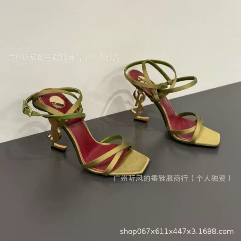 [2024圣家女细带带后扣高跟鞋新款凉鞋方头空趾一字交叉带字母跟露]