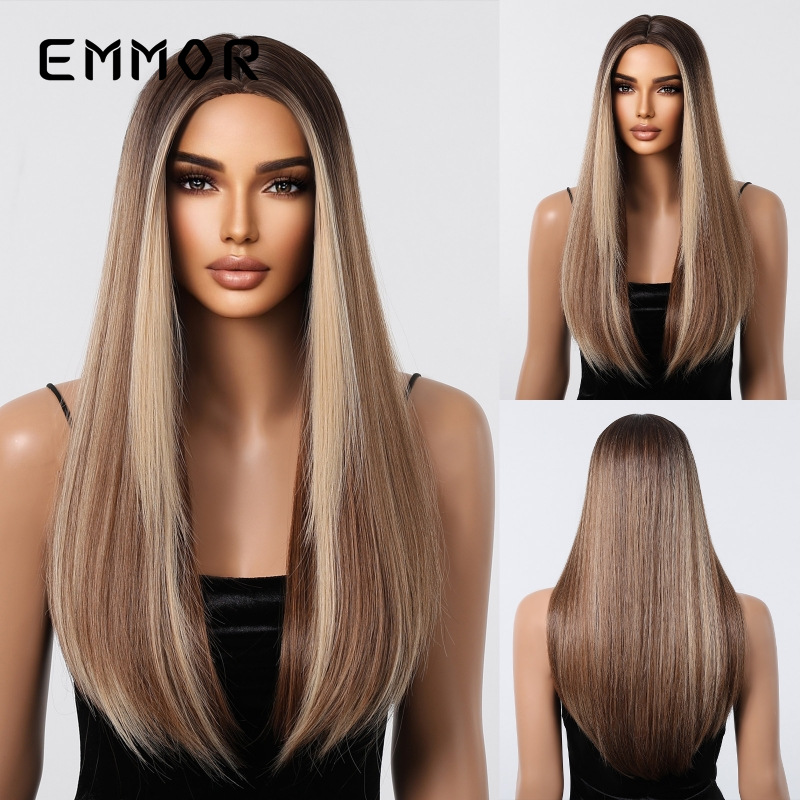 Cabello largo y liso, sin flequillo, marrón dorado, moda natural, venta caliente transfronteriza, pelucas europeas y americanas, cabello completo