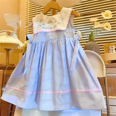 2024韓版時髦女童夏新款刺繡連衣裙寶寶洋氣娃娃領背心裙卡通裙子