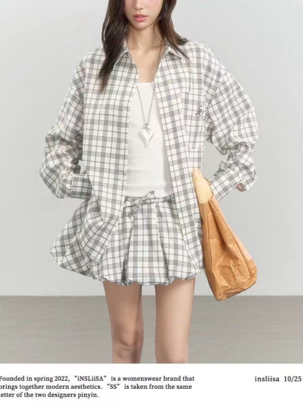 iNSLiiSA 韩系慵懒风黑白格子长袖衬衫女2025新款早秋设计感衬衣|undefined