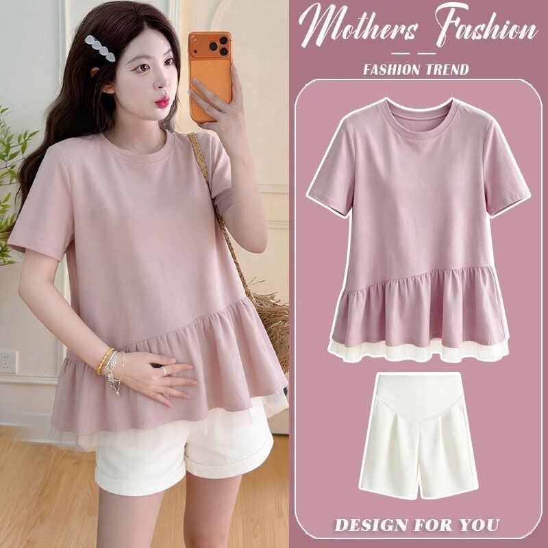 Maternity Wear, New Summer Style, Ruffled Loose Short-Sleeved Tops, Fashionable and Stylish, Slimming Suit for Daily Commuting and Going Out Maternity Wear, New Summer Style, Ruffled Loose Short-Sleeved Tops, Fashionable and Stylish, Slimming Suit for Daily Commuting and Going Out