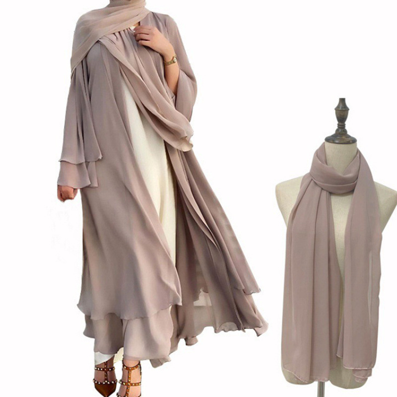 Cross-Border Plus-Size Women's Clothing European and American Style Middle East Uae Solid Color Cardigan Soft and Elegant Chiffon Dress Headscarf Robe