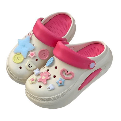 Dopamine Thick Sole Hole Shoes for Women, Summer Outdoor Slip-Resistant Height Increasing Sandals with Toe Covers, Half Slippers for Swings