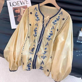 民族风刺绣系带长袖衬衫女夏2025新款设计感复古百搭薄款洋气上衣