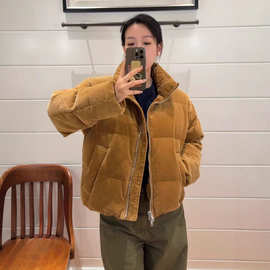 RL家2025秋冬新款小马刺绣灯芯绒立领短款羽绒服女装保暖厚外套