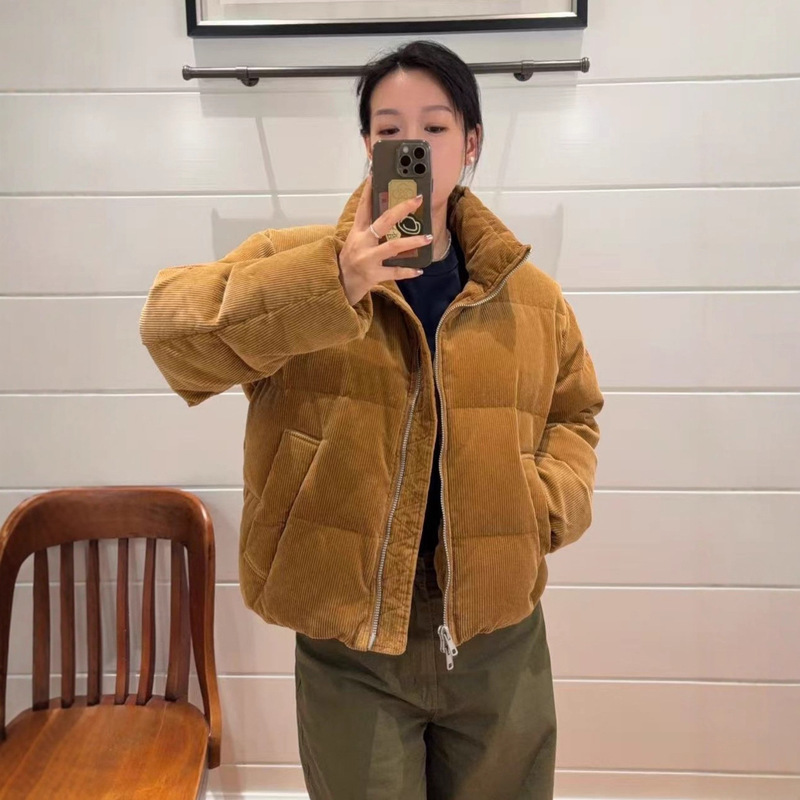 Rl Home 2025 Autumn/Winter New Pony Embroidery Corduroy Stand Collar Short down Jacket Women's Warm Thick Coat