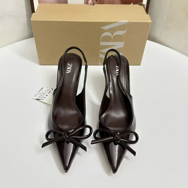 Zaj2025 Bow Toe Sandals New French Shallow Mouth Pointed Toe Chocolate Patent Leather Stiletto Heels