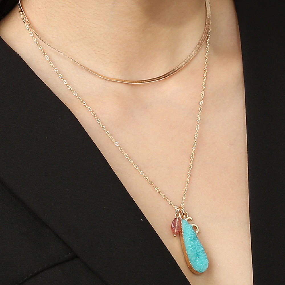   Jewelry Simple Style Wild Fashion Edging Temperament Blue Imitation Natural Stone Drop Pendant Double Necklace