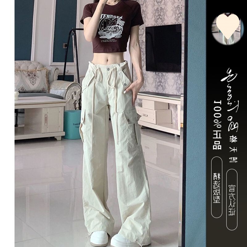 American Style High Street Strap Design Crane Pants Women's Summer New Low Waist Slimming Personalized Straight Leg Wide Leg Long Trendy Pants