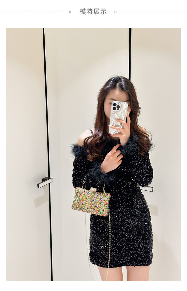 High-end evening dress, lady's water diamond clutch bag, diamond-encrusted bag, colorful diamond chain cheongsam bag, evening bag, women's handbag Specification drawing