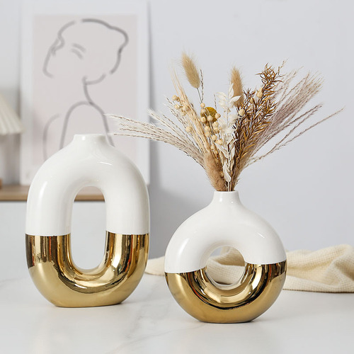 Cross-border light luxury modern wind power plated ceramic vase, high-end artistic creative floral arrangement ceramic craft, decorative item