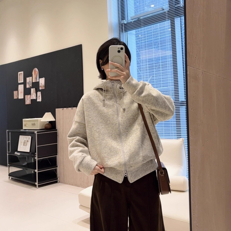 Locks in Warmth and Is Durable! Warm Fleece Wool Knitted Cardigan Casual Stand Collar Hooded Jacket Sweatshirt Women's Autumn and Winter New 25