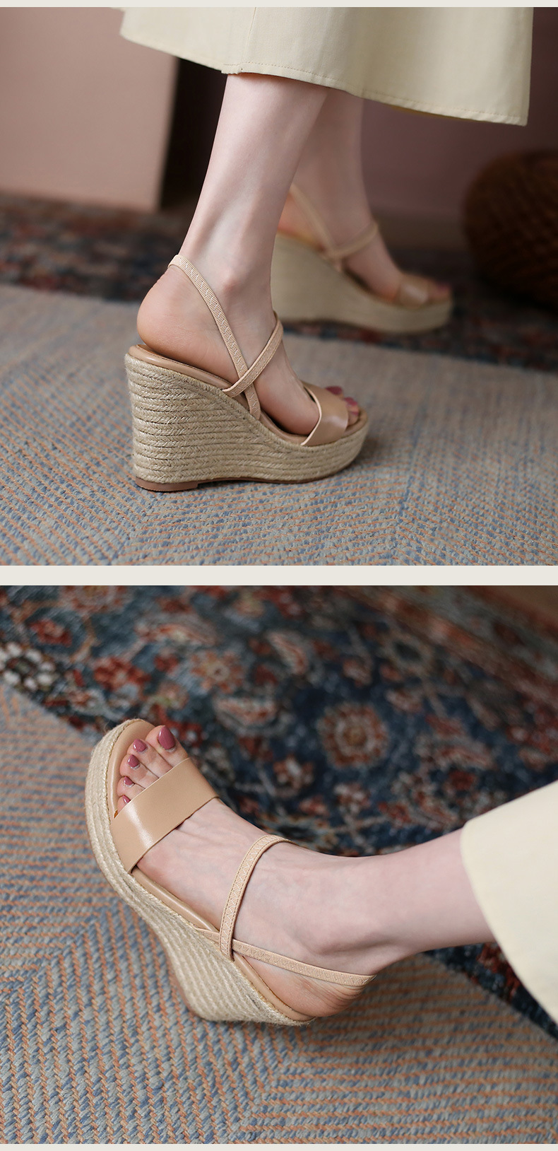 Sandal cao gót nữ hở mũi đế xuồng cói phong cách retro, gót platform 8 cm — nâu chi tiết 7