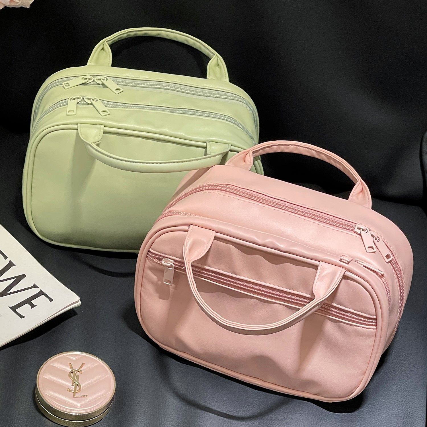 Luxury handbag, large capacity, multi-layered compartments, waterproof toiletry bag, stylish and portable storage bag.