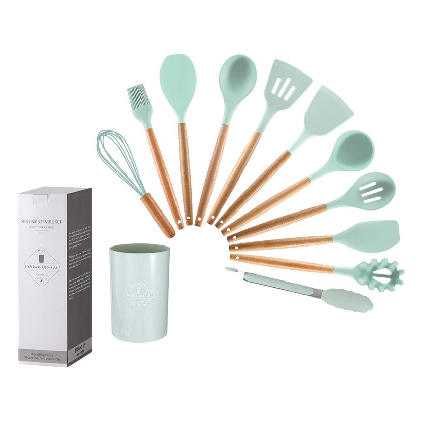 Juego de utensilios de cocina de silicona con mango de madera grueso, juego de 12 piezas, pala de cocina resistente a altas temperaturas, cuchara, colador de espátula de silicona