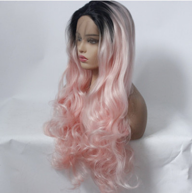 Fibra química europea y americana frente encaje cubierta de cabello negro gradiente rosa ondulado larga peluca de cabello rizado fabricante LW0145