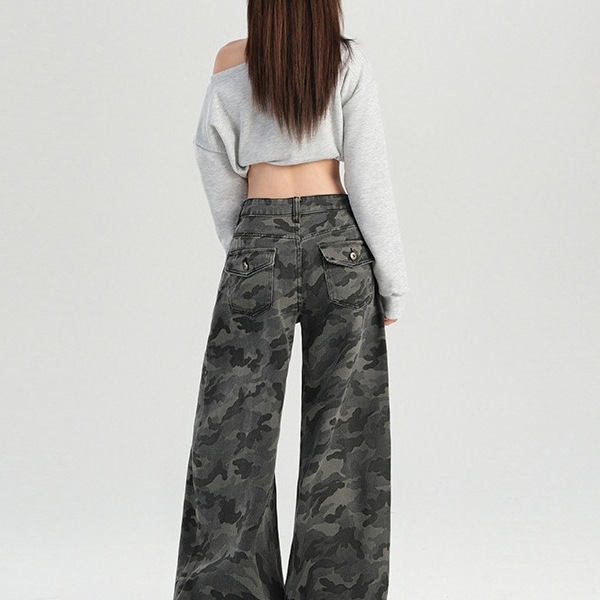 Pantalones casuales de pierna ancha de cintura alta de camuflaje retro americano para hombres y mujeres en la primavera y el verano de 2025