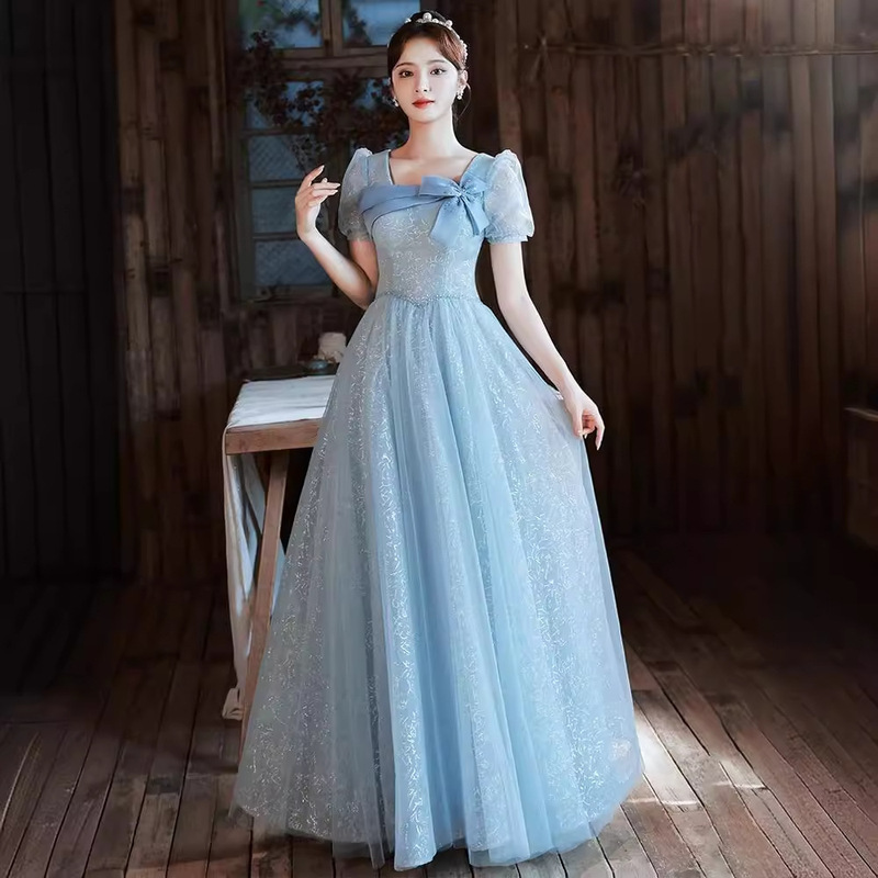 Blue Evening Dress for Women 2026 New Model Hostess Coming-Of-Age Ceremony Light Luxury Niche High-End Performance Art Exam Dress with a Sense of Sophistication