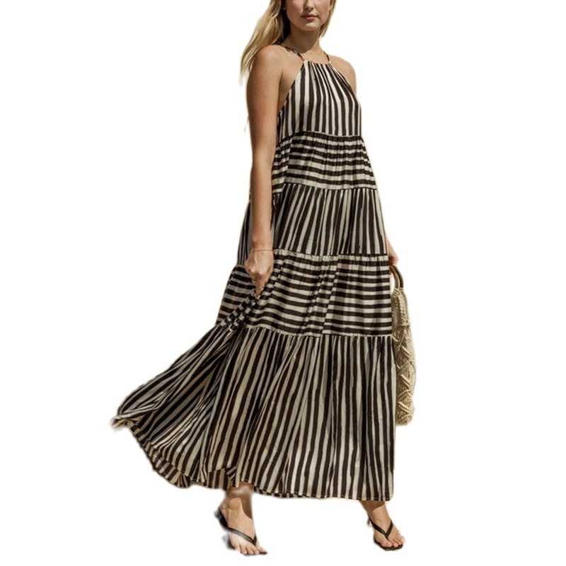 In-Stock Cross-Border European and American Style Dress, Amazon Commuter Style, Lace-Up Sleeveless, Sexy Striped Long Slip Dress for Women