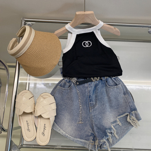 Ladies' Set Neck Summer Outfit Trendy Kids' V-Neck Top Children's High-Waisted Fringe Irregular Trendy Hot Pants