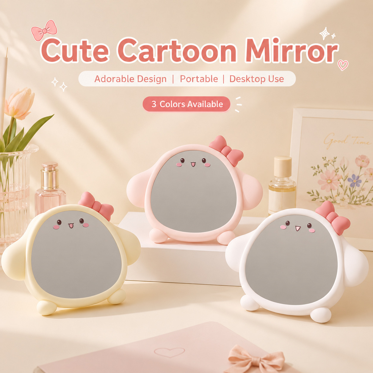 Espejo de maquillaje de plástico bonito para colocar en la mesa, espejo de escritorio montado en la pared, espejo de tocador para uso doméstico, espejo de princesa para dormitorio.