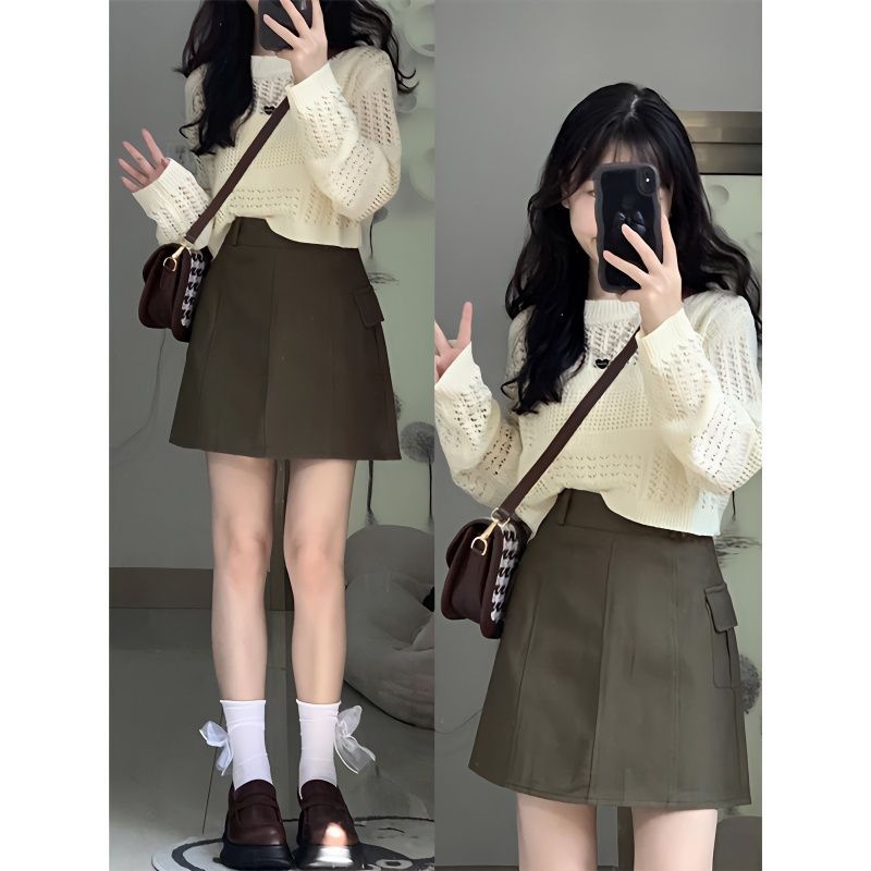 봄과 가을 소금 작은 하이 엔드 여성의 우아한 느슨한 니트 선 스크린 탑 짧은 치마 스파이스 걸스 올 매치 여성