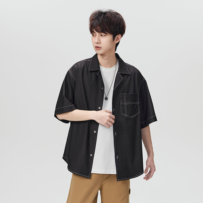 Nieuwe collectie zomer 2026: Japans retro denim overhemd met korte mouwen voor heren, casual en stijlvol, met Cubaanse kraag._voghion.com