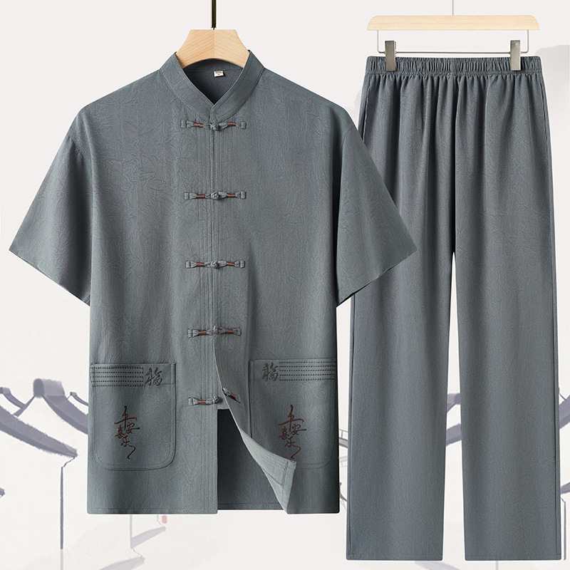 Middle-aged and Elderly Men's Chinese Style Tang Suit suit Men's Husband Clothing Hanfu Summer Short-sleeved Cotton and Linen Embroidered Buckle Top