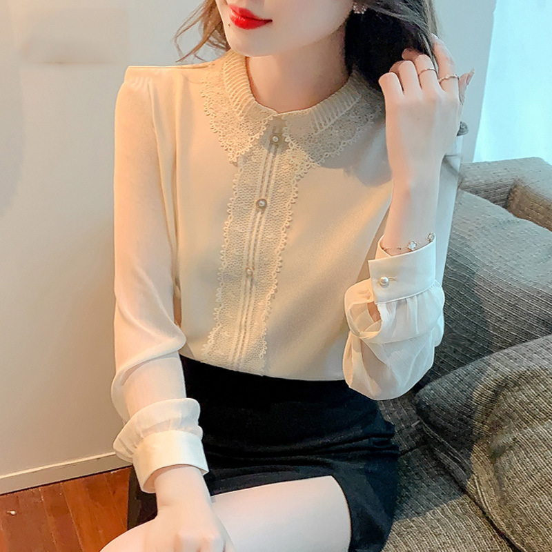 French Lace Chiffon Shirt for Women Spring & Fall 2025 New Style Fashionable Elegant Inner Slimming Look Shirt