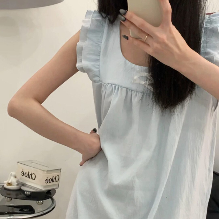Verano nuevo estilo nube algodón color sólido camisón simple falda media femenina estilo delgado manga pequeña falda de camisón de hogar simple lindo