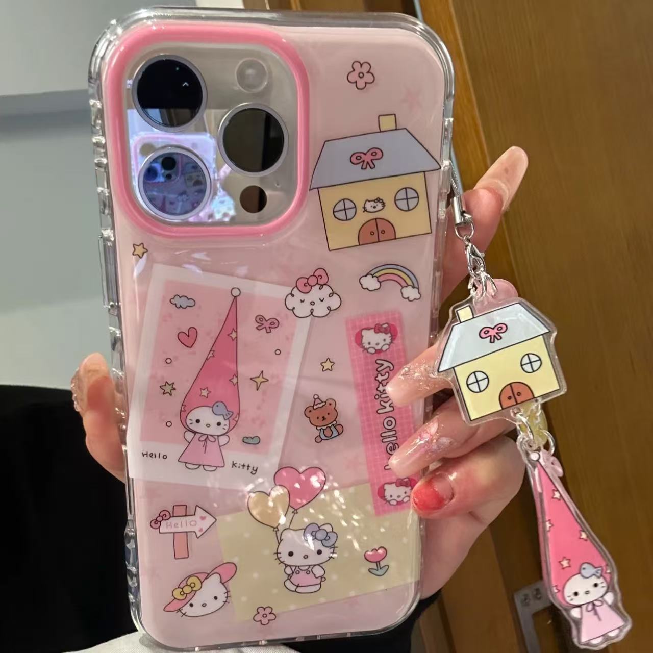 Pink Kt Cat Long Hat and Small House Label Mobile Phone Case Suitable for Iphone16Promax Apple 15Pro/14