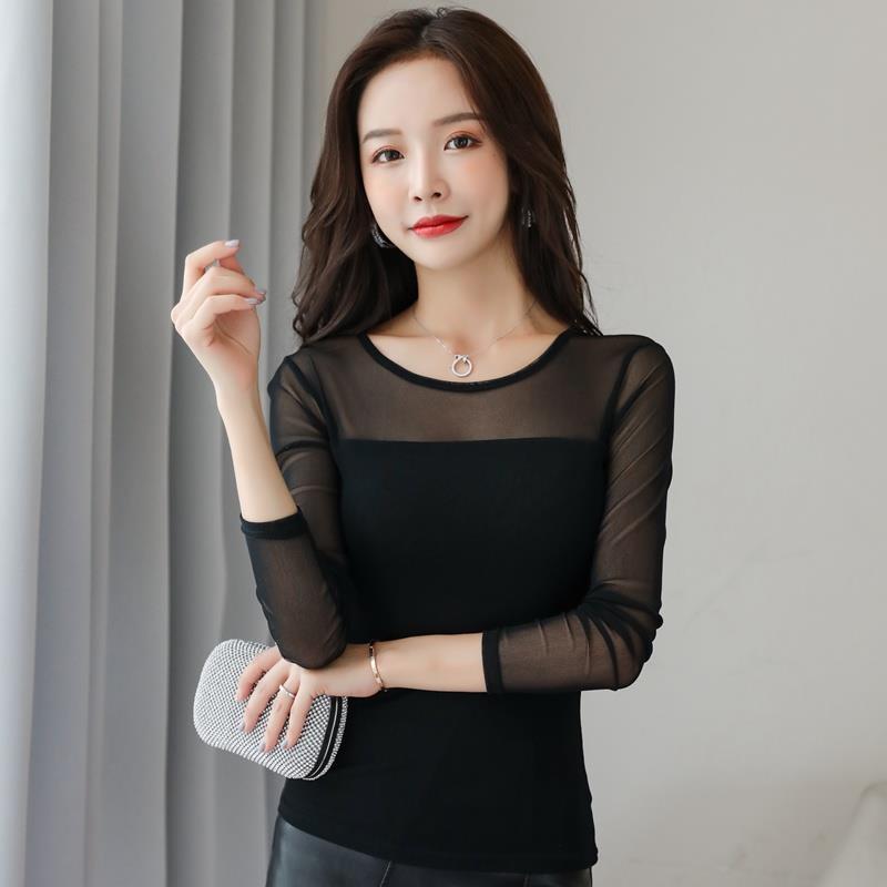 Round neck thin mesh base layer top, 2025 new style, spring and autumn, versatile plus size, slim fit, long sleeve T-shirt, women's inner layer.