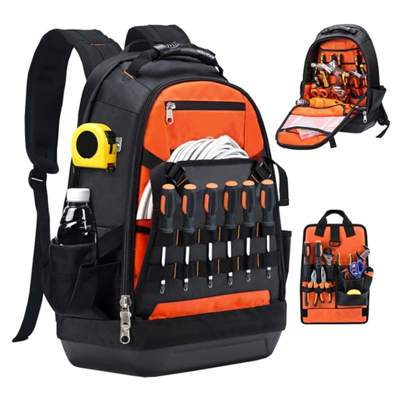 La nueva mochila gruesa y resistente al desgaste para herramientas pesadas con múltiples bolsillos de herramientas de fondo duro es adecuada para edificios eléctricos