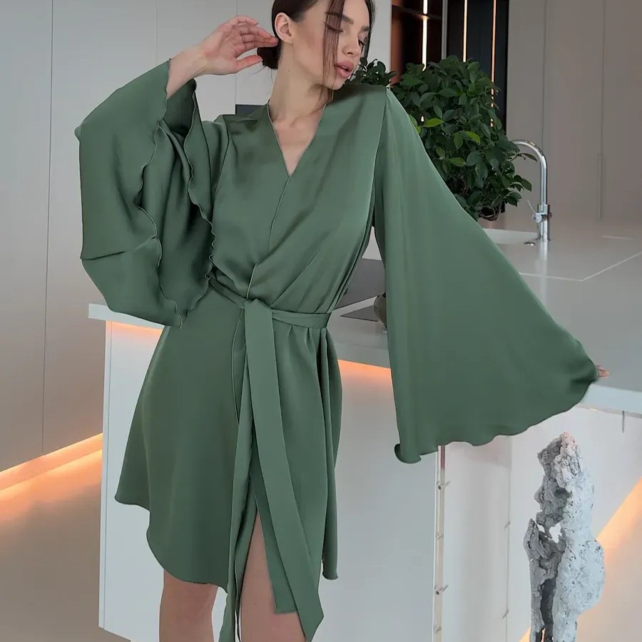 Fashion New Ruffled Trumpet Sleeve Wide Cuff Short Tie Bathrobe Luxury High-End Evening Robe Loungewear