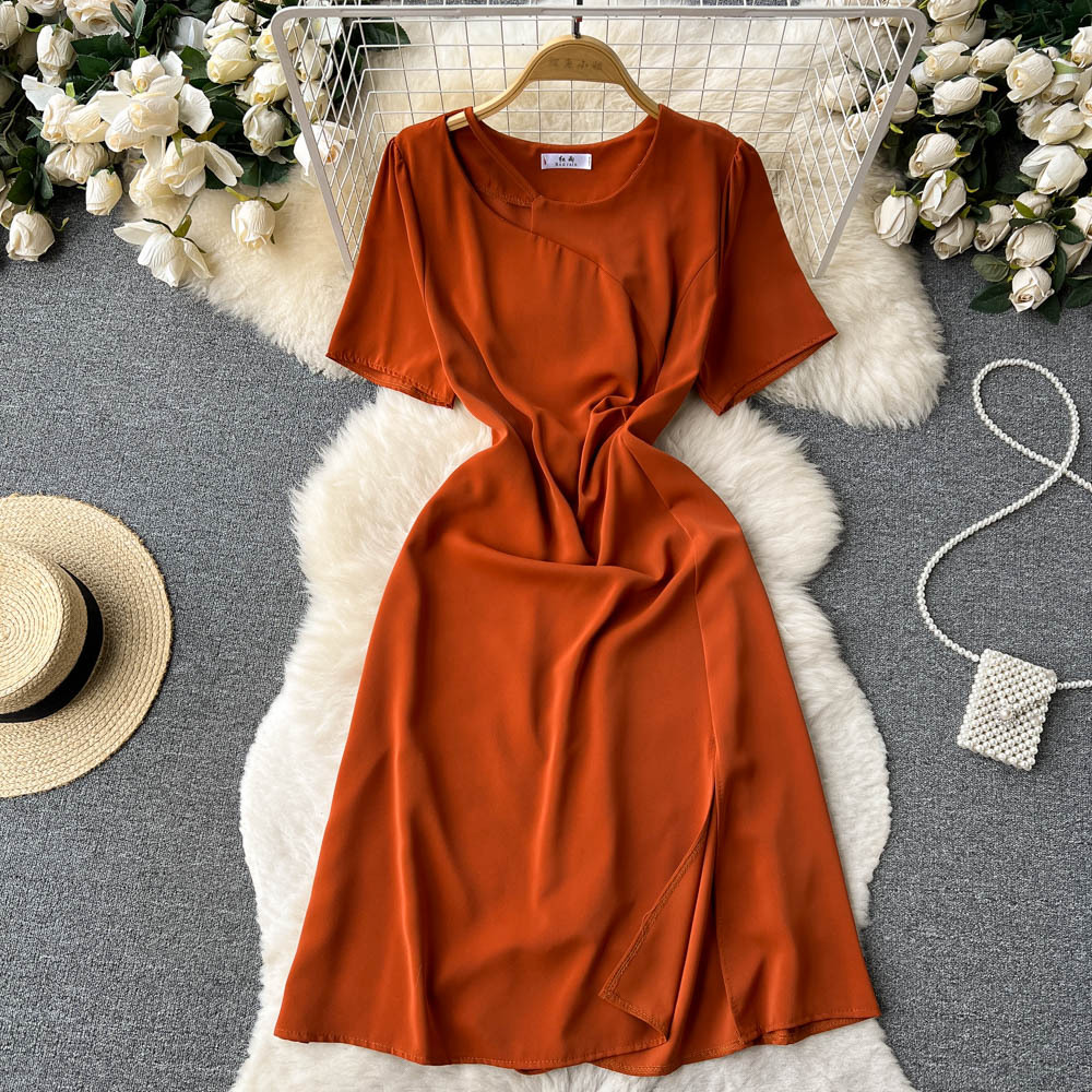 法式复古连衣裙女夏季新款高级感不规则开叉包臀气质中长款小黑裙