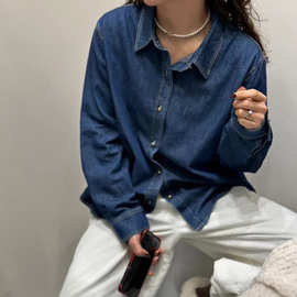 复古牛仔衬衫女酵素水洗 24春新款牛仔蓝廓形叠穿衬衣纯色