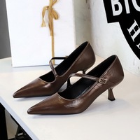 6093 style fashionable banquet high heels with thin heels, shallow mouth, metal pointed toe, straight strap, slimming effect, tailored shoes for women