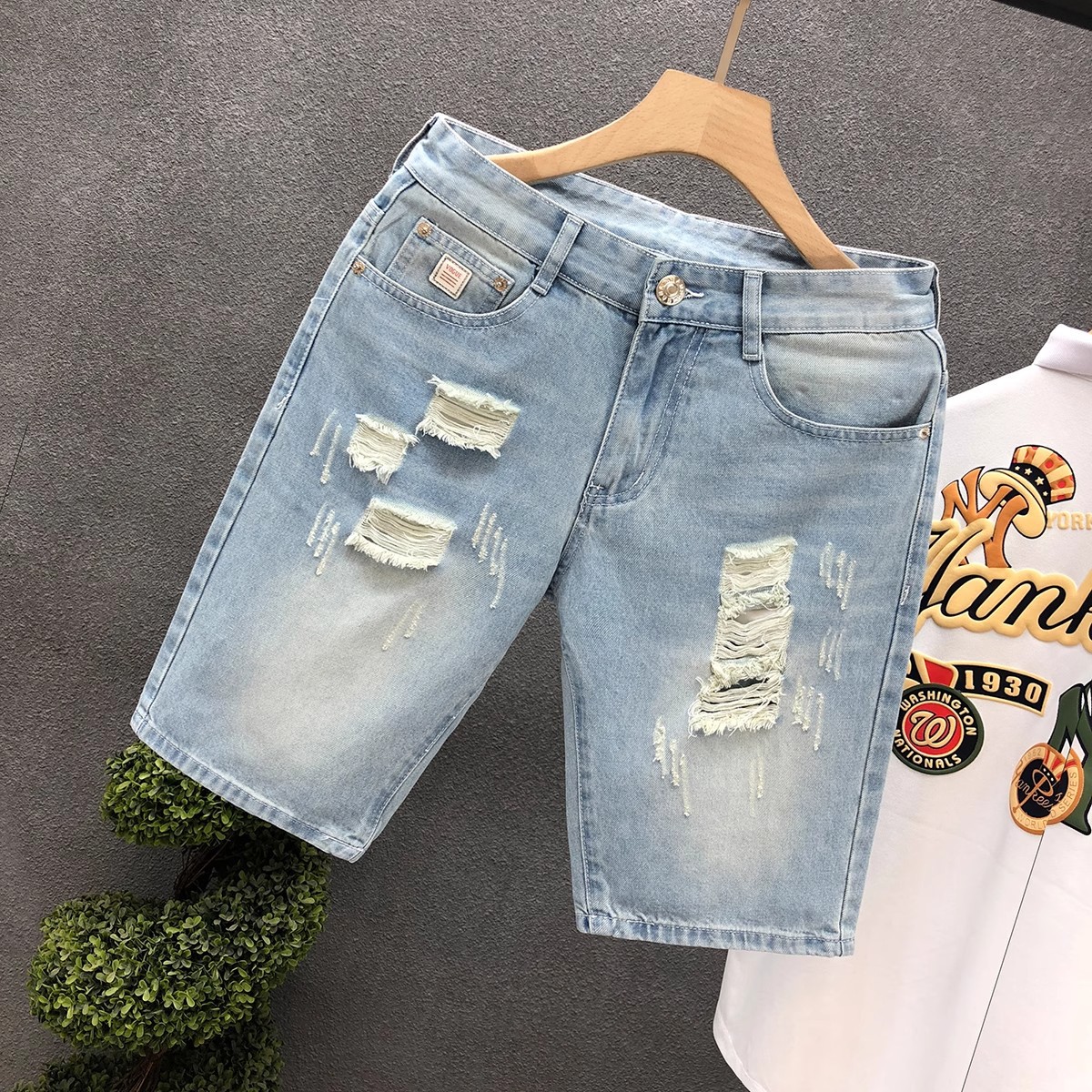 Men's Loose Fit Color Block Embroidered Denim Shorts Casual Retro American Style Trendy Five Point Summer Pants_mkmklike.com