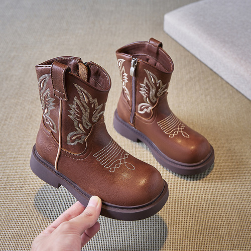 Children's Martin Boots New Autumn/Winter Soft Sole Mid-Center Chelsea Leather Boots for Girls Chinese Style Retro Embroidered Denim Boots