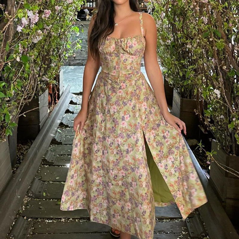 European and American Cross-border New Women's Sexy Backless Slim-fit Sling Dress Holiday Style Floral Split Mid-length Dress